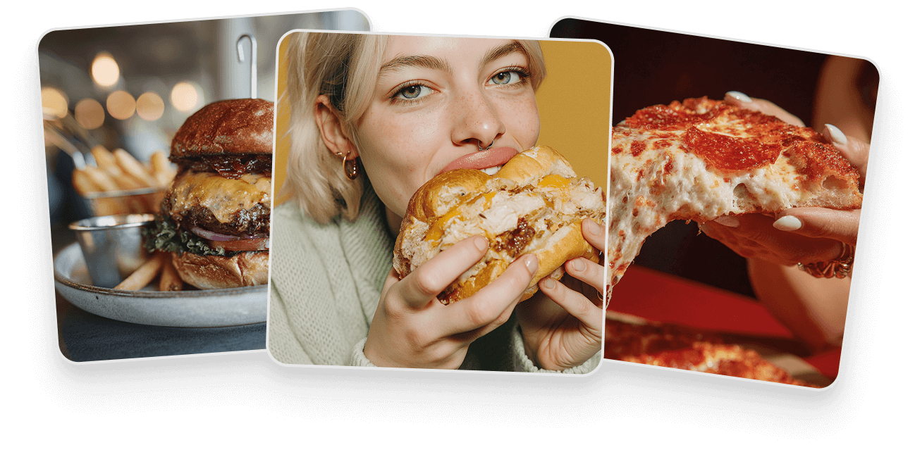 Juicy cheeseburger with fries, person holding a sandwich, and a hand pulling a cheesy slice of pepperoni pizza.