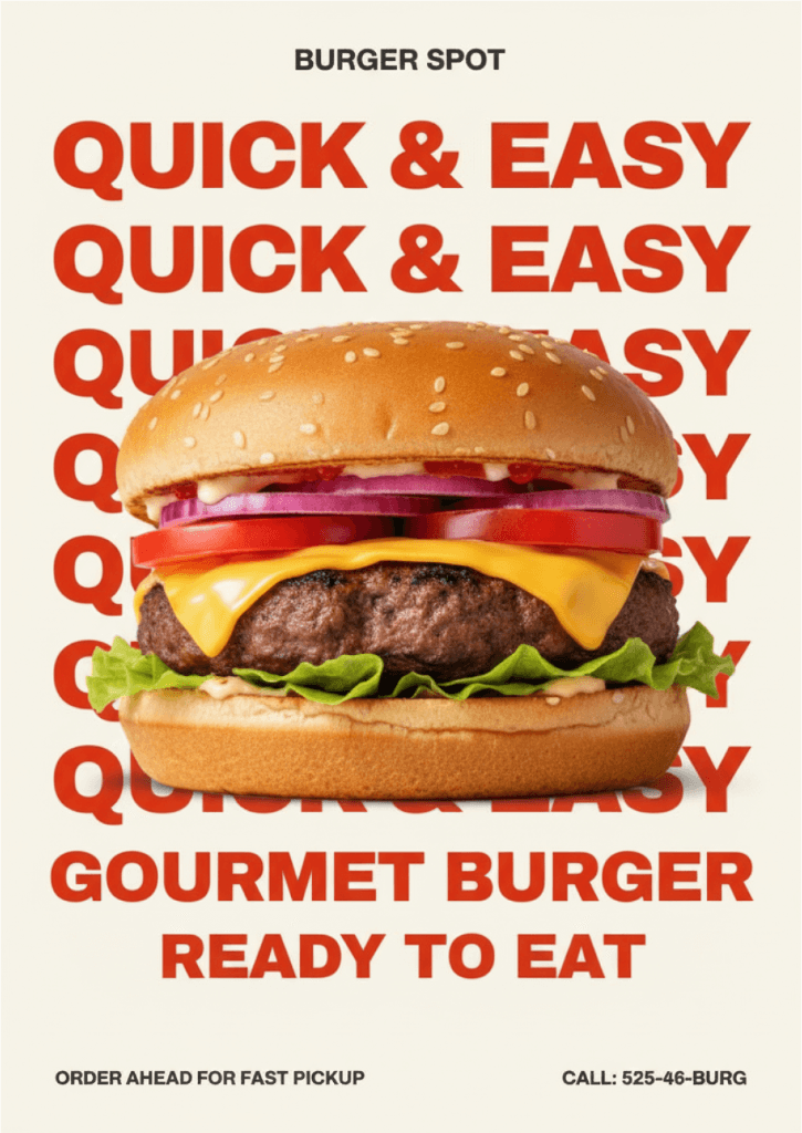 Promotional poster for Burger Spot featuring a gourmet cheeseburger with lettuce, tomato, onion, and cheese.