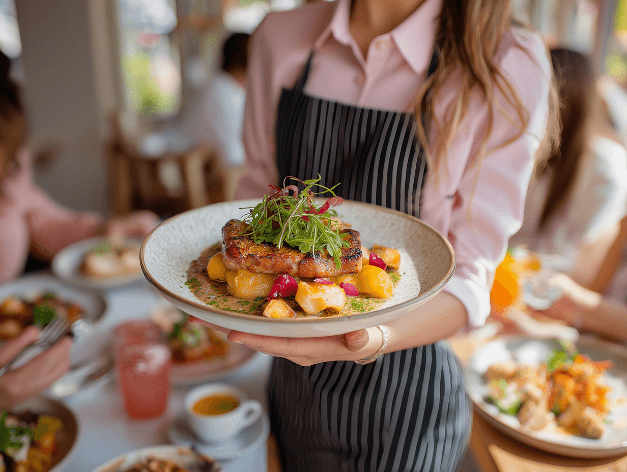A waitress in a striped apron presents a plate of gourmet food topped with herbs, with diners and dishes visible in the background.