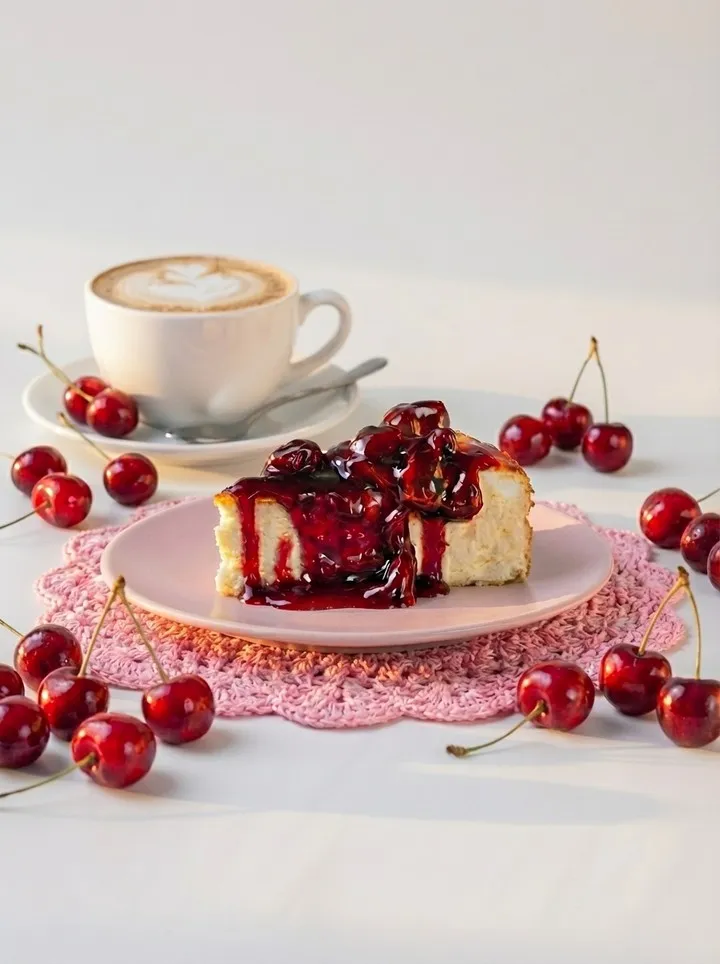 Cheesecake de cereza — cremoso, con un toque ácido. Horneado fresco todos los días.